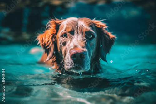 a dog swims in the water at the water surface, vacation or leisure in the nature in the water, swimming. Generative AI