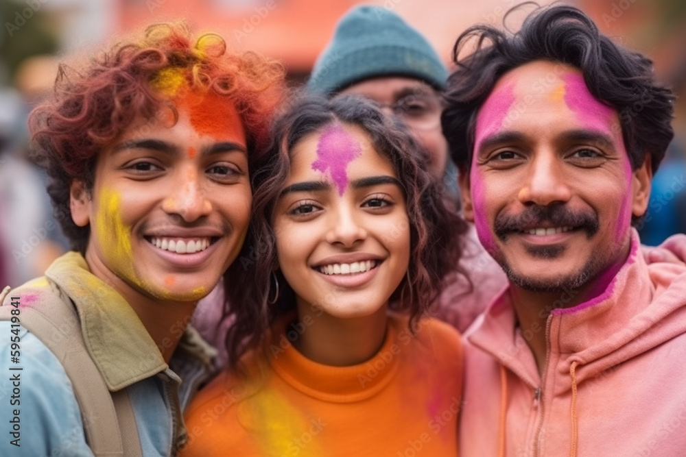 Naklejka premium happy hispanic family having fun together, color festival, fictitious location. Generative AI