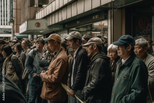 endless long queue, people are queuing, bank run. Generative AI © wetzkaz