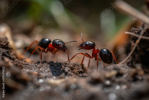 ants in closeup ground view. Generative AI © wetzkaz