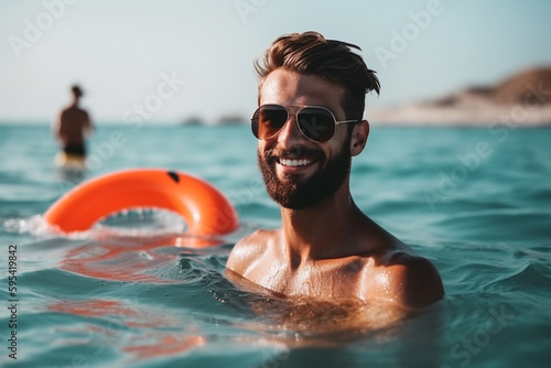 young adult man swimming in...