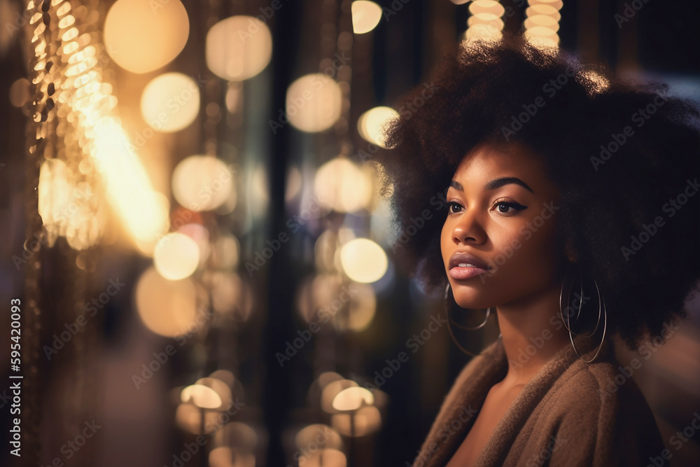 Afro-american woman looking bright highlights of a showcase. Generative AI