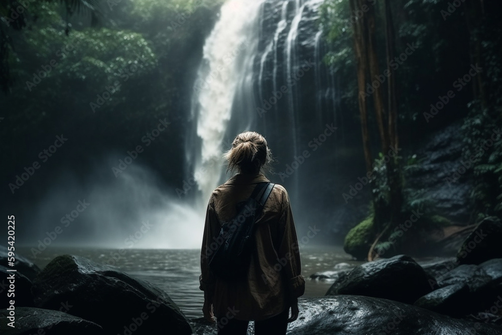 Obraz premium woman in front of a waterfall, fictitious location. Generative AI