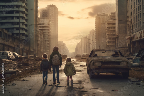 fictional apocalypse or war zone, wrecked cars and destroyed abandoned buildings in a big city. Generative AI