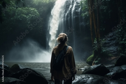 woman in front of a waterfall, fictitious location. Generative AI