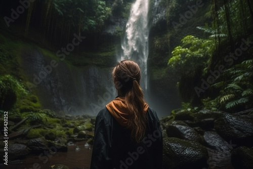 woman in front of a waterfall, fictitious location. Generative AI