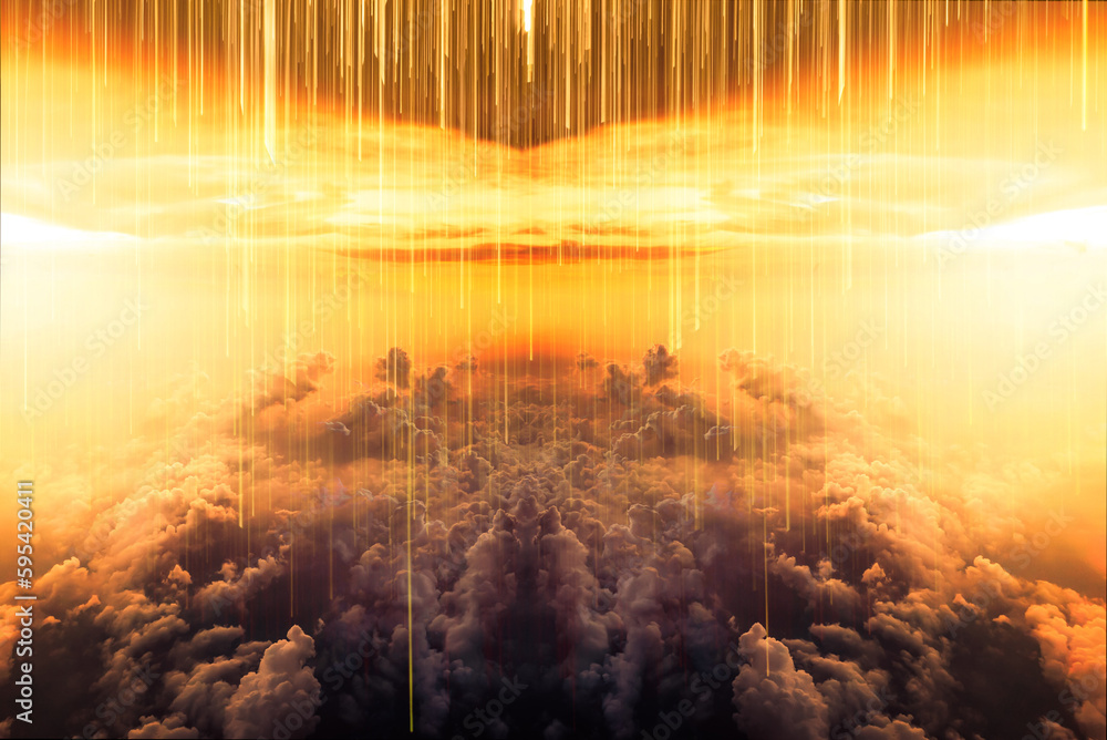 surrealism art with falling light streaks high in the clouds at sunset ...
