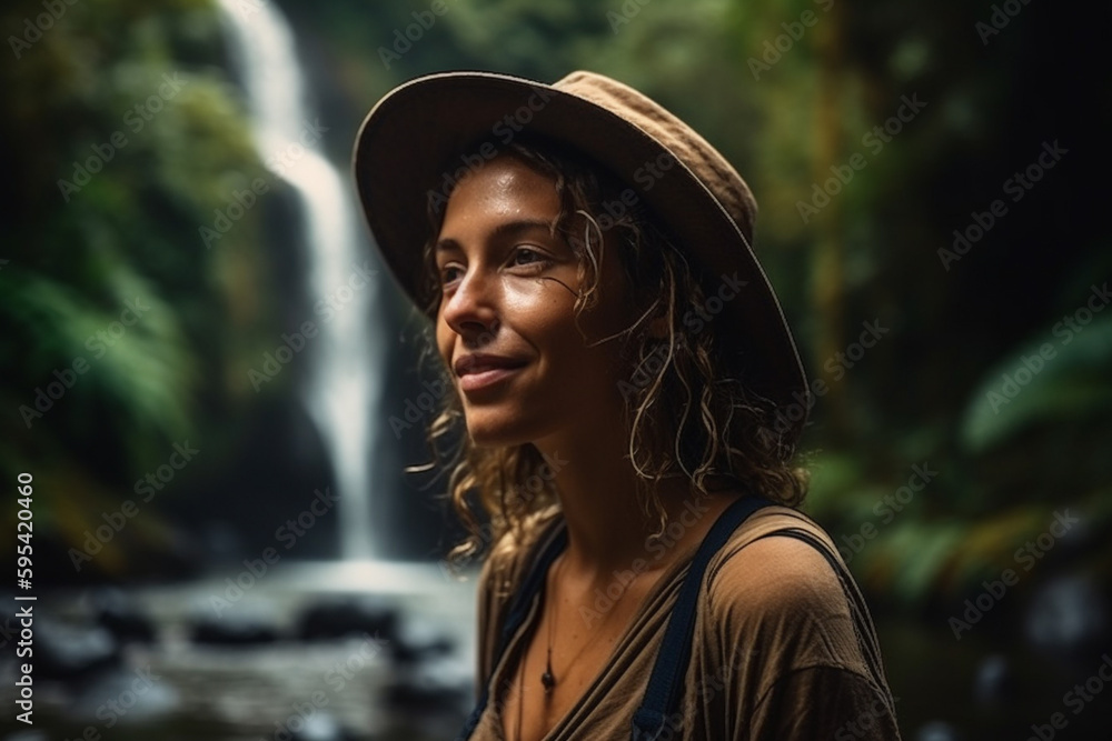 woman in front of a waterfall, fictitious location. Generative AI