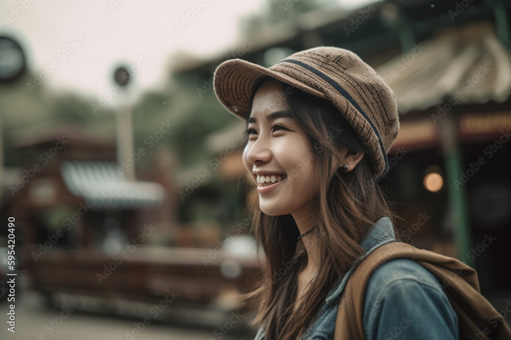young woman or teenager outside in the day, fictional place. Generative AI young woman or teenager outside in the day, fictional place. Generative AI