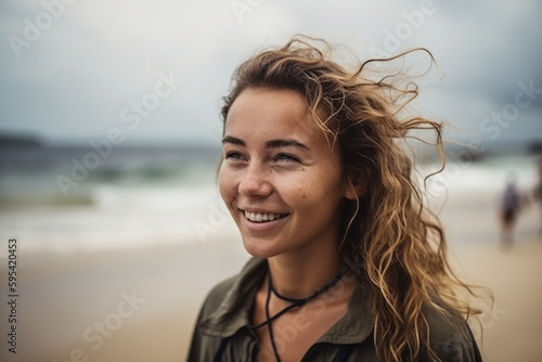 young adult woman or teenage girl at beach on vacation, fun and joy and happy, fictional place. Generative AI