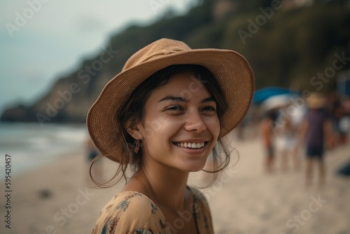 young adult woman or teenage girl at beach on vacation, fun and joy and happy, fictional place. Generative AI