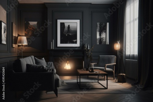 Dark cozy interior with a mock-up frame, rendered in 3D. Generative AI © Milana
