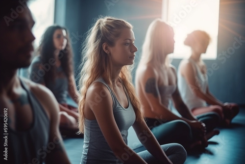 Fototapet women doing yoga, group at meditation or yoga in sport clothes