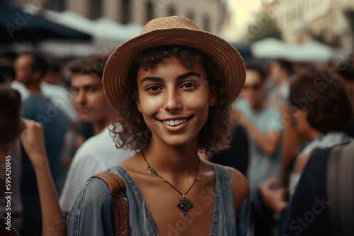 young tanned woman or teenager outdoors in an old town, smiling in summer weather , many people with outdoors in the background. Generative AI