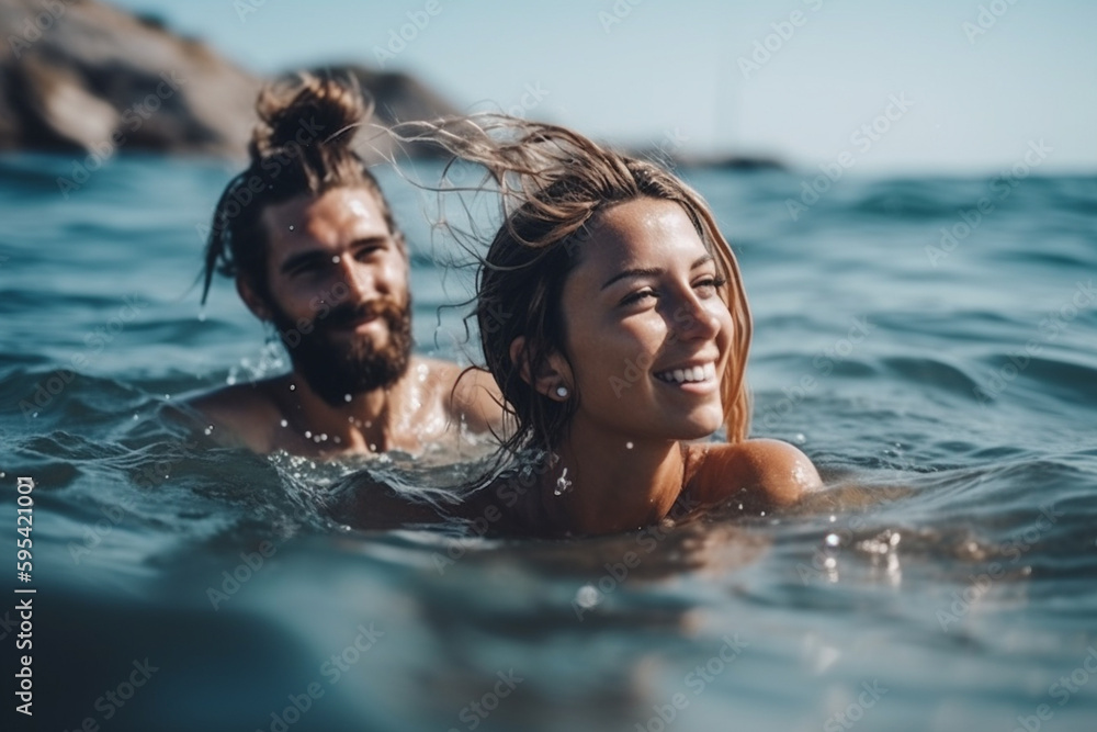 a couple on vacation, man and woman in the water in the sea, near the beach with sunny weather. Generative AI a couple on vacation, man and woman in the water in the sea, near the beach with sunny weather. Generative AI