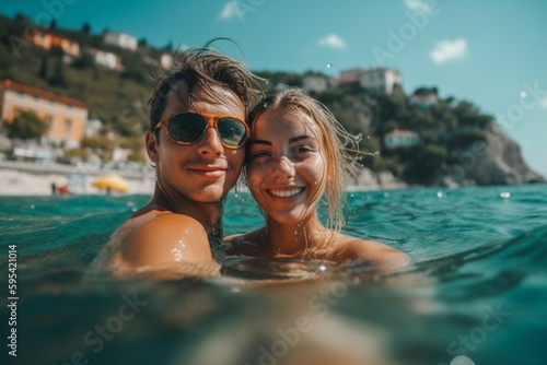 a couple on vacation, man and woman in the water in the sea, near the beach with sunny weather. Generative AI