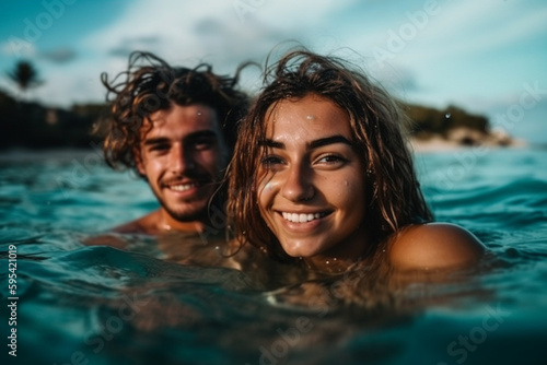 a couple on vacation, man and woman in the water in the sea, near the beach with sunny weather. Generative AI © wetzkaz