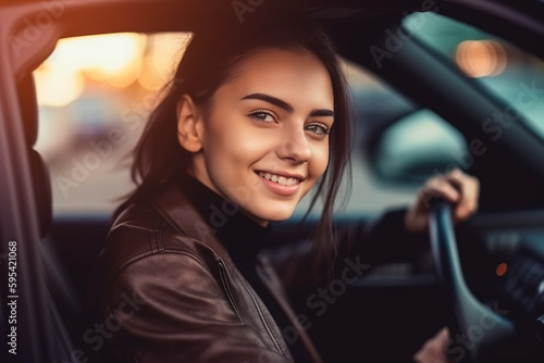 a young adult woman is sitting in the car and driving. Generative AI © wetzkaz