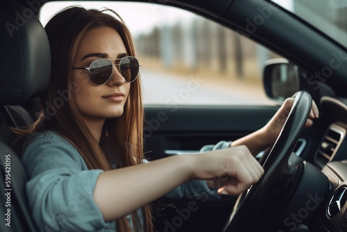 a young adult woman is sitting in the car and driving. Generative AI