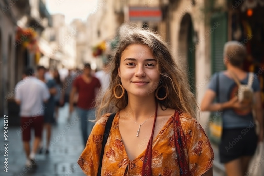 young adult woman or teenager in an old town down a narrow side street with local people in the background. Generative AI