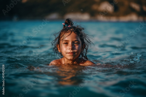 little child, girl swims in the ocean in the water, fictional place. Generative AI