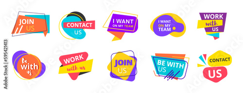 Join us sticker set. Pack of graphic elements for website. Company recruitment and staff expansion. Invitation of candidates for vacancy. Cartoon flat vector illustrations isolated on white background