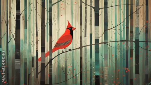 Storybook / Folk Art Style Cardinal in a Forest Clearing. Red Bird with Trees, Berries, Leaves, and Other Nature Elements. Children’s Book, Fantasy, Holiday Scene. Graphic Novel, Comic, Cartoon Style.
