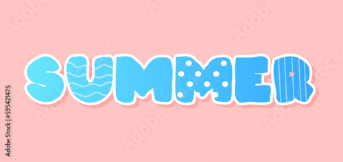 Summer text concept. Beautiful blue lettering. Sticker for social networks and messengers. Optimism and positivity. Leisure and vacation. Cartoon flat vector illustration