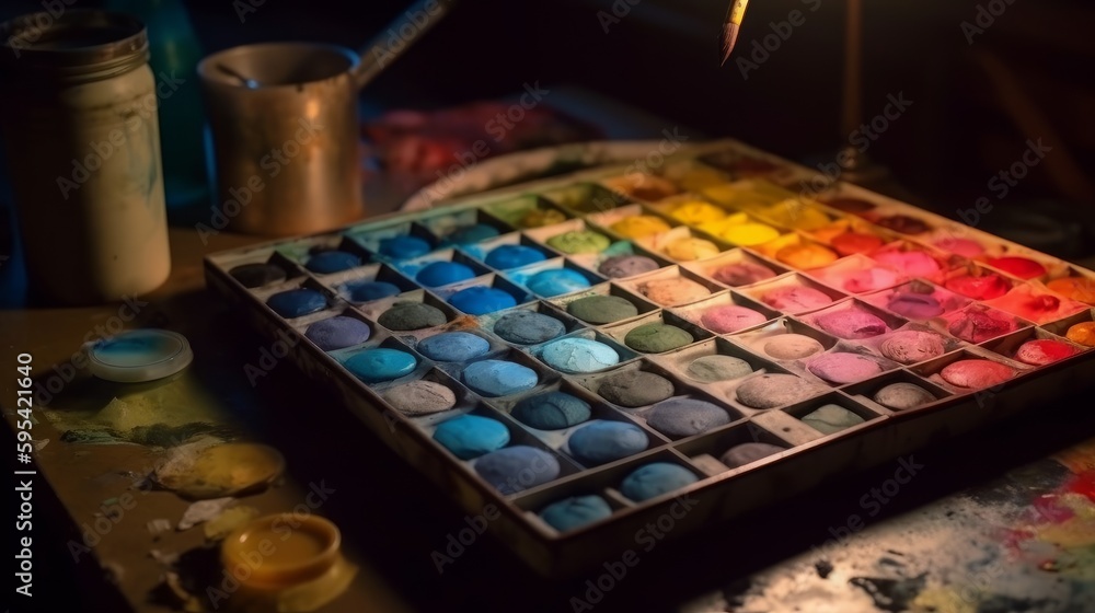An artistic paint pallet with messy paints. Generative AI. An artistic paint pallet with messy paints. Generative AI.