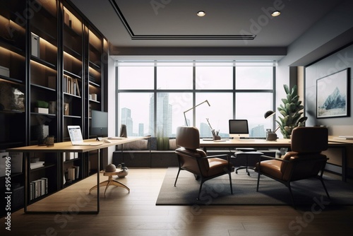 Modern office with board, armchairs, shelf, and window. Generative AI © Joseph