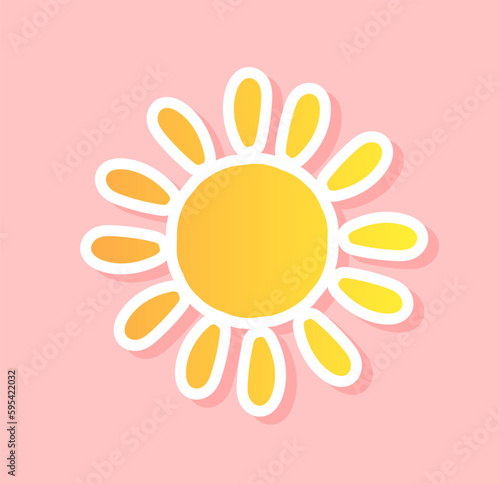 Sun sticker concept. Icon for weather forecast, symbol of hot days and summer. Emblem, logo, badge and label. Template, layout and mock up. Cartoon flat vector illustration