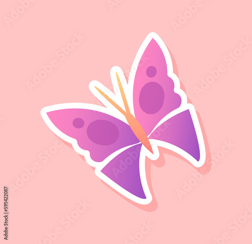 Violet butterfly sticker concept. Beautiful and bright insect. Aesthetics and elegance. Emblem or badge. Sticker for social networks and messengers. Cartoon flat vector illustration