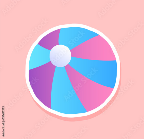 Rubber ball sticker concept. Summer toy for relaxing on beach. Striped blue and violet sphere. Sticker for social networks and messengers. Cartoon flat vector illustration