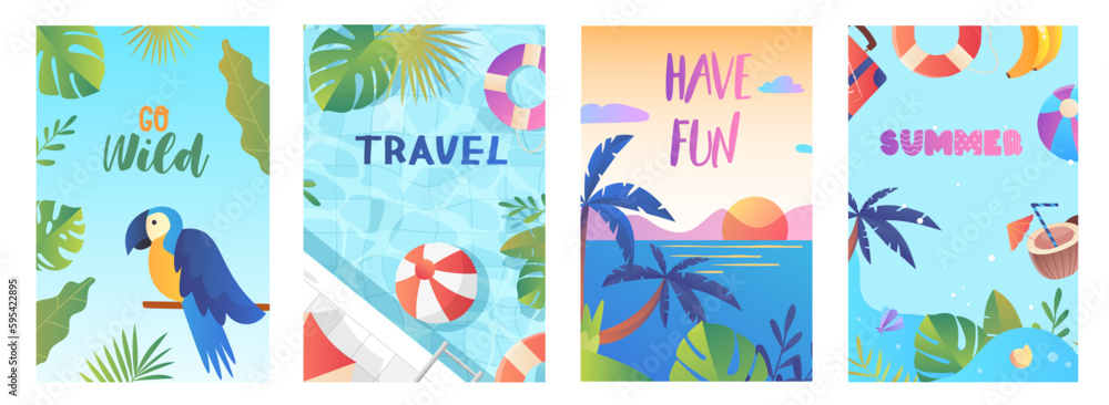 Summer banners set. Collection of graphic elements for website. Travel, holiday, vacation and tourism. Parrot on branch with leaves. Cartoon flat vector illustrations isolated on white background