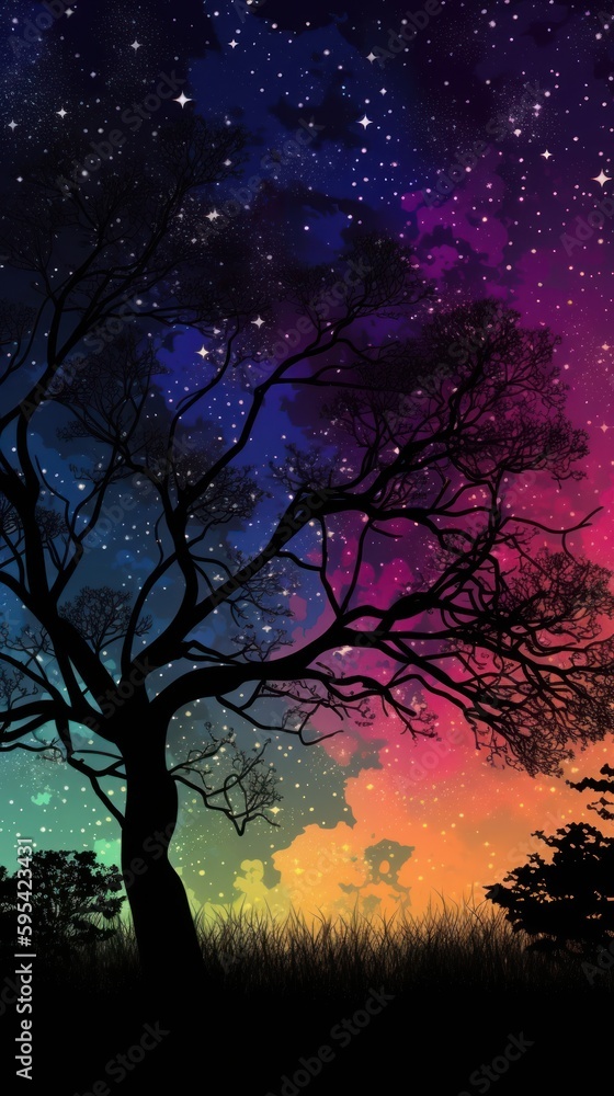 A silhouette with a brilliant colorful night sky with stars. Generative AI. A silhouette with a brilliant colorful night sky with stars. Generative AI.