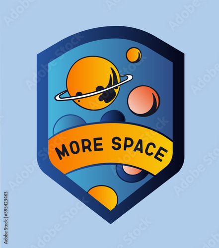 More space label concept. Multicolored planets on blue background. Astrology and astronomy. Scientific expeditions and exploration of galaxy and universe. Cartoon flat vector illustration