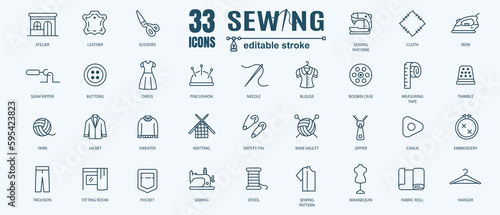 Simple Set of Sewing icon, knitting and cloth repair Related Vector Line Icons. Contains thin Icons as Leather, Thimble, Needle and more. Editable Stroke. 48x48 Pixel Perfect