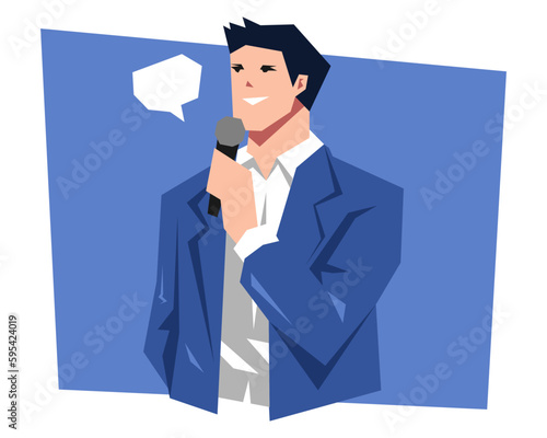 man in suit speaking in public with microphone. isolated on blue background. cartoon flat vector illustration.