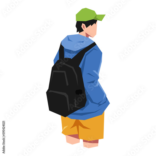 male tourist wearing a hat wearing a backpack. back view. isolated on white background. cartoon flat vector illustration.