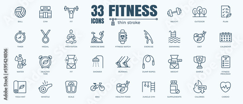Fitness icon set with editable stroke and white background. Thin line style stock vector.