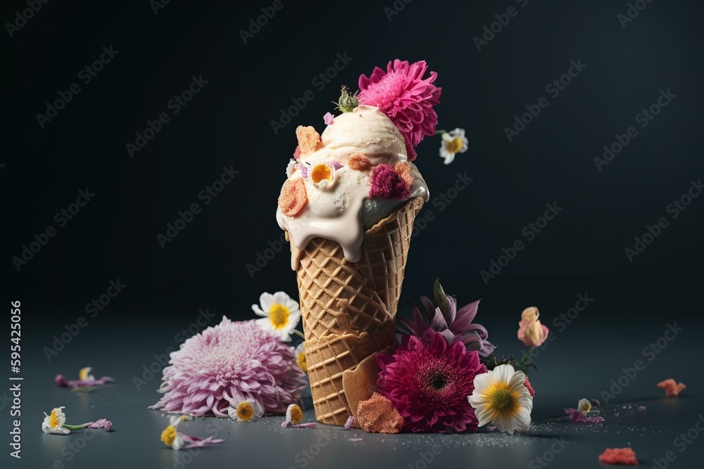 Flowers in ice cream cone on separate layer. Generative AI