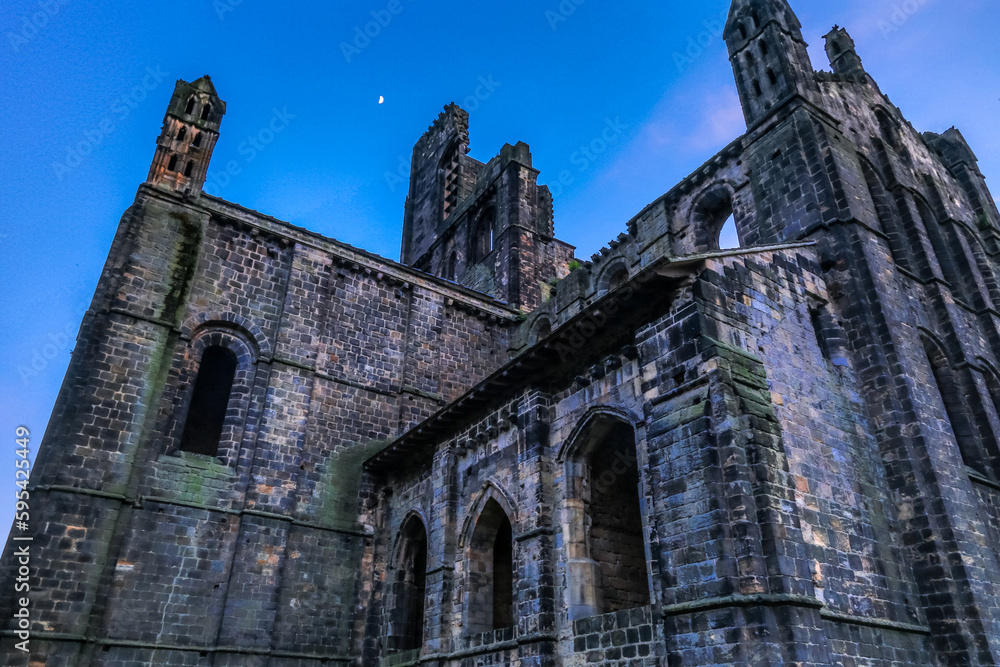 United Kingdom, Great Britain, England, West Yorkshire, Leeds, North Bank of river Aire. Kirkstall Abbey, 12th century Cistercian Monastery ruins. United Kingdom, Great Britain, England, West Yorkshire, Leeds, North Bank of river Aire. Kirkstall Abbey, 12th century Cistercian Monastery ruins.