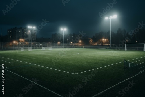 Bright lights illuminating a soccer field. Generative AI