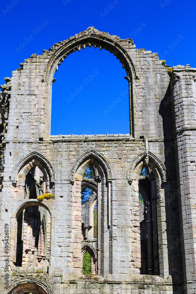 England, North Yorkshire, Ripon. Fountains Abbey, Studley Royal. UNESCO World Heritage Site. National Trust, Cistercian Monastery. Ruins of Abbey church.