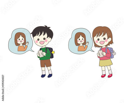 スマホでお母さんに連絡を取る小学生セット