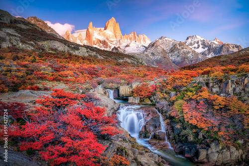 Wonderful scenery view of Mount Fitz Roy with waterfall in autumn time near El Chalten, Patagonia in Argentina. photo