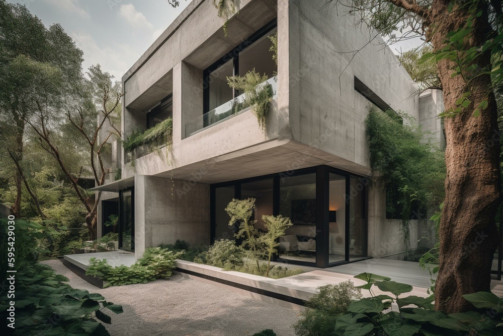 Contemporary concrete house amidst lush foliage. Generative AI