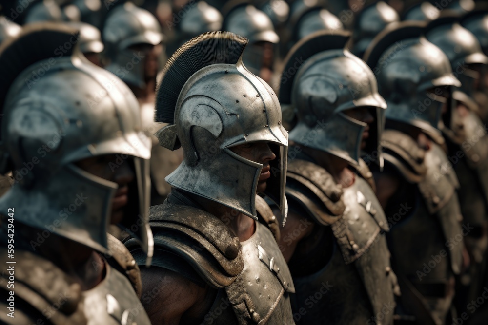 Army of Spartans, Spartan soldiers lined up, Generative AI Army of Spartans, Spartan soldiers lined up, Generative AI