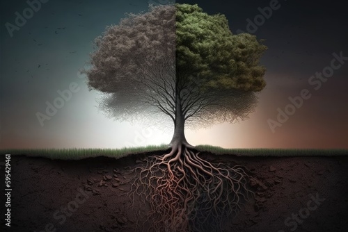 Tree and roots illustration, tree split in half with two colors, Generative AI