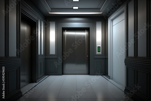 Corridor of buildings with elevators, corridor with elevator, Generative AI © Kaleb